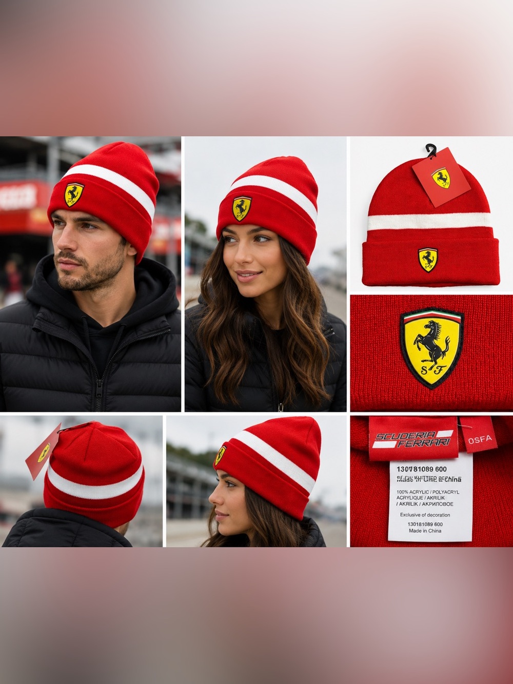 Scuderia Ferrari Red White Knit Beanie Hat Logo One Size OSFA New With Tags